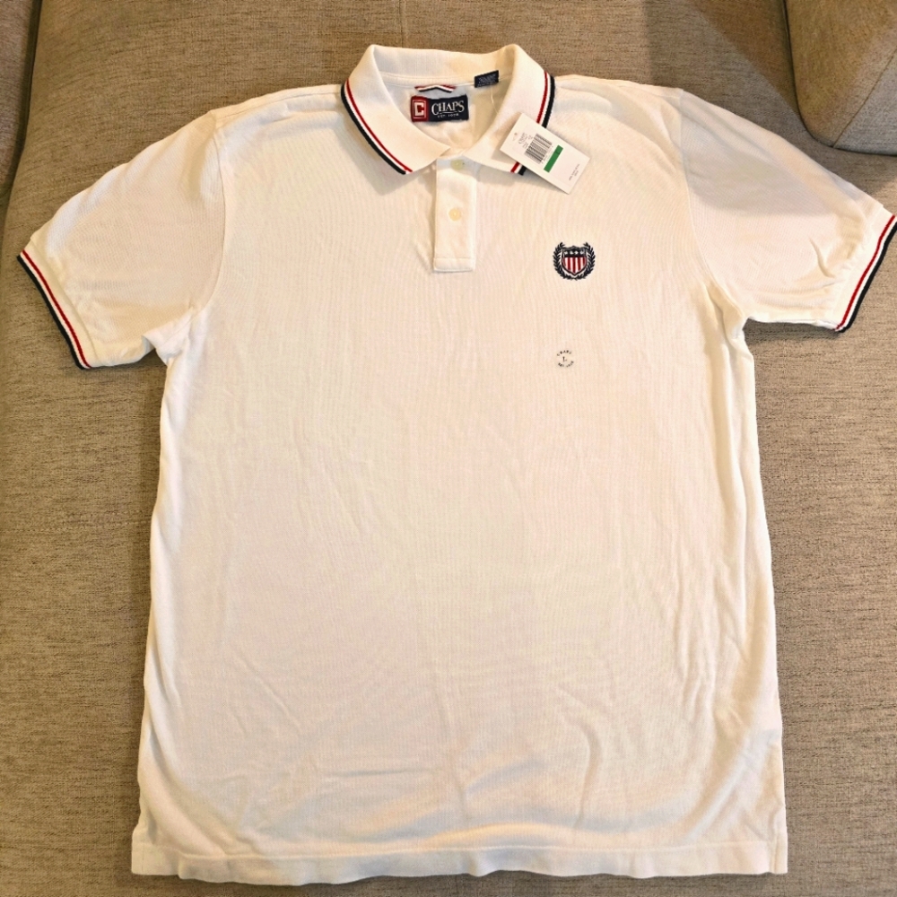 Chaps Men's White Polo Shirt With Red And Blue Trim 🇺🇸 sz Large NWT
